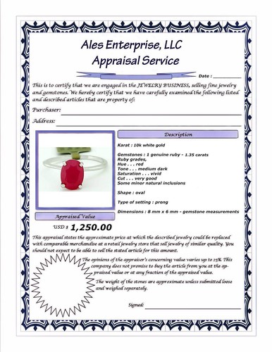 GENUINE 1.35 Cts RUBY SOLITAIRE RING 10K WHITE GOLD - Free Certificate Appraisal - Picture 7 of 7