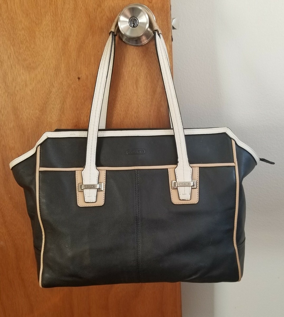 Auth COACH #26132 Leather Carryall Black/Ivory/Tan Taylor
