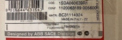 ABB T5HQ400TW / 1SDA060639R1 3 POLE Tmax Breaker Frame Size T5H 400 Amps - Imagen 2 de 3
