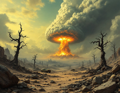 Desolate Post-Apocalyptic Landscape with Mushroom Cloud Poster 18 x 24 in