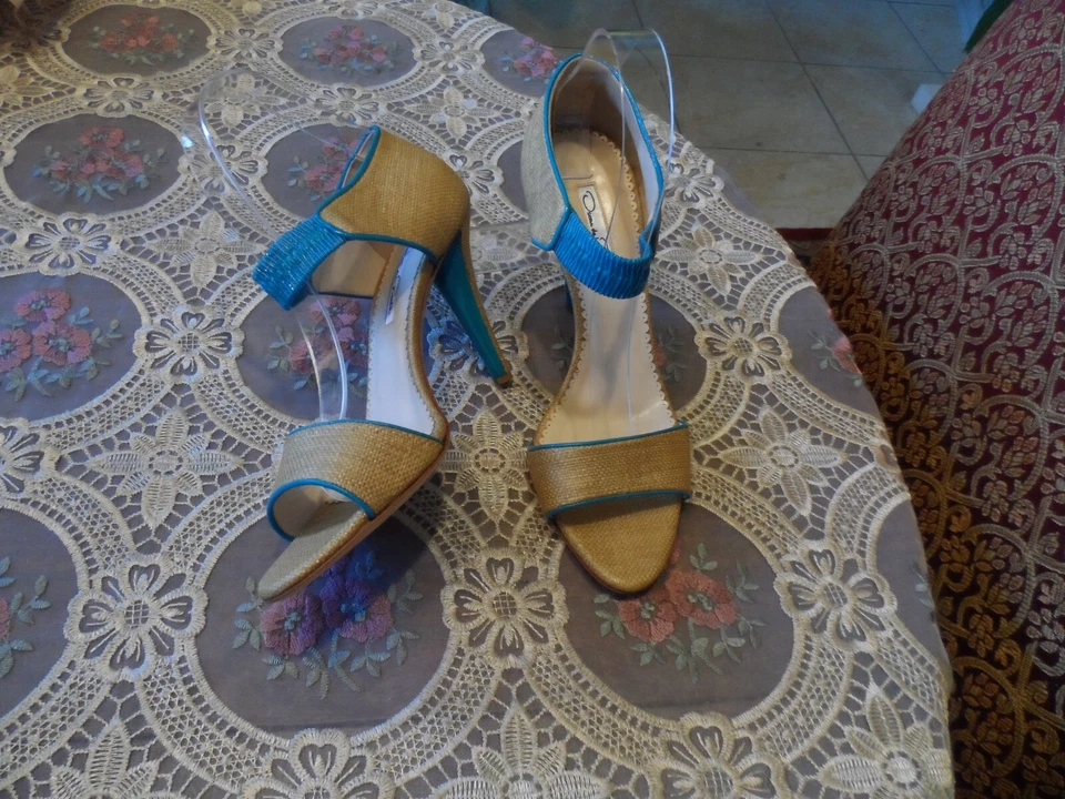 Nuevos Tacones Oscar de la Renta Beige Yute con Borde de Charol Aqua Talla 39B Foto 3 de 4