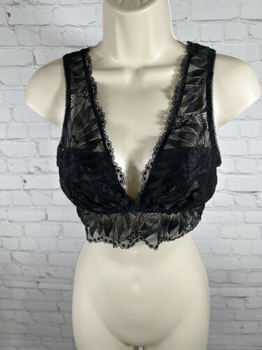 Aerie Black Pullover V Neck Floral Lace Lined Wireless Bralette Bra Size M - Picture 1 of 10