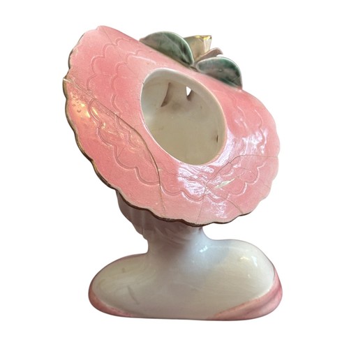 Vtg Lefton Glamour Girl Lady Head Planter Vase Pink Gold Yellow Flower BROKEN - Picture 4 of 9