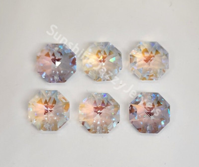 6pc Swarovski Crystal Blue AB 14mm 2-Hole Octagon 8116 Pendant; Connector Link