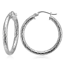 Sterling Silver 2.5mm Diamond-Cut Round Hoop Earrings, 30mm