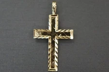 14K Solid Yellow Gold 1" Diamond Cut Men Women Cross Charm Pendant.