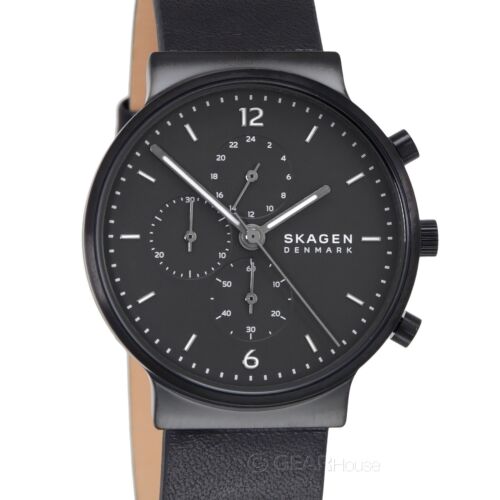 SKAGEN Denmark Ancher Mens Chronograph Watch, Black Dial, Leather Strap, SKW6766 - Picture 1 of 8