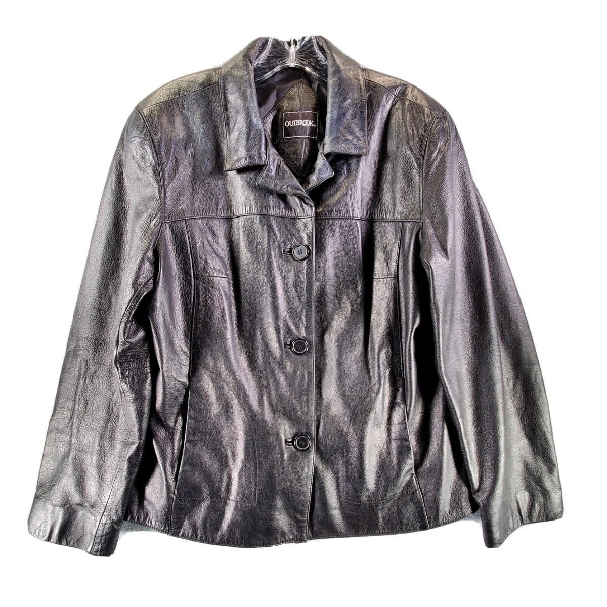 Outbrook Womens Black Leather Button Up Lined Collared Bomber Jacket Size L  | eBay