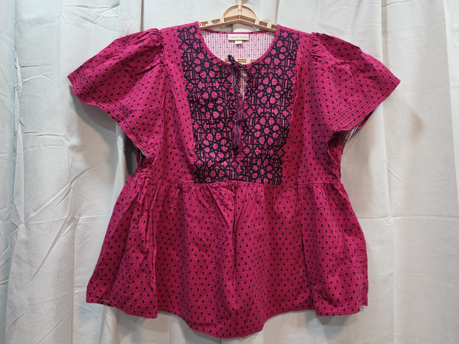 Knox Rose Women's Tie Neck Flutter Short Sleeve Blouse Rich Magenta Dot Size XXL