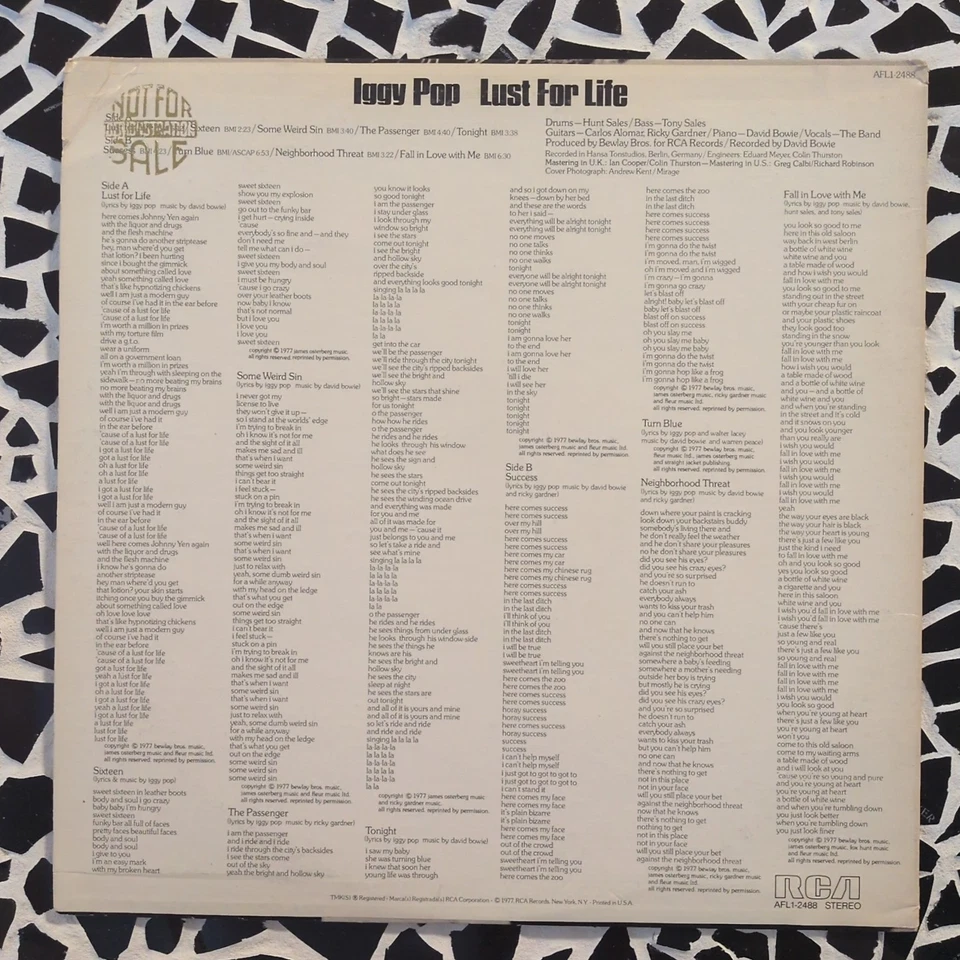IGGY POP LP LUST FOR LIFE 1977 ORIGINAL PRESS RCA AFL1-2488 PROMO - Image 2 of 4