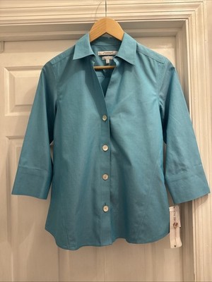 Foxcroft Blue Heritage No Iron Button Up 3/4 Sleeve Cotton Blouse Size 4 NWT