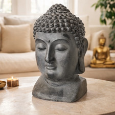 großer 42cm Buddha Kopf Skulptur Figur Meditation Grau Thailändisch