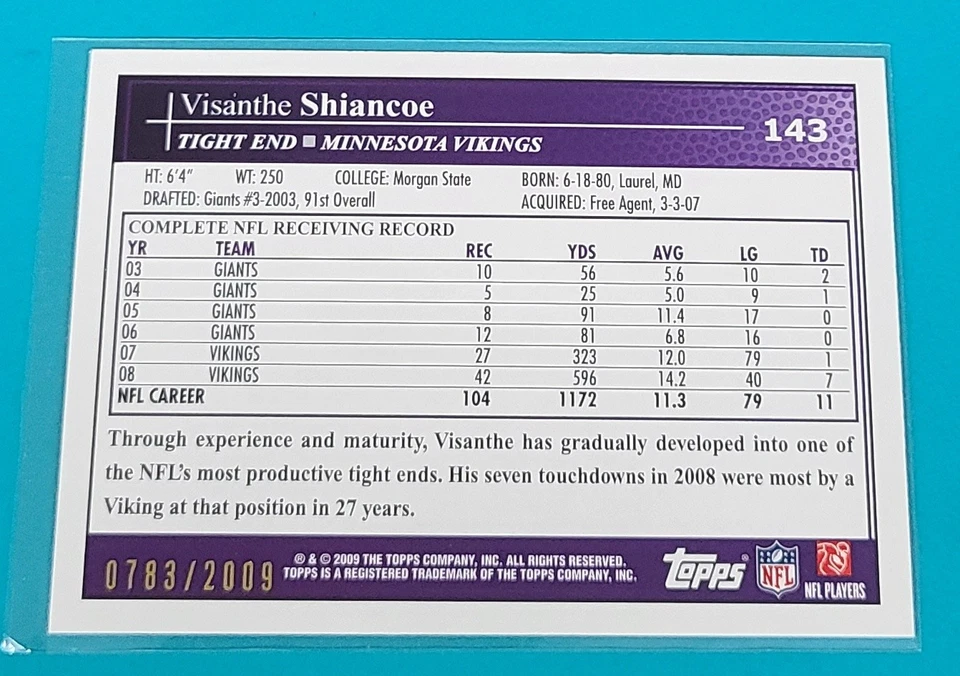 2009 Topps Gold /2009 #143 Visanthe Shiancoe Minnesota Vikings FOOTBALL Card N6 - Image 2 of 2