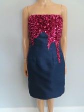 Oscar de la Renta Navy Silk/Hot Pink Sequins Strapless Dress Size US 4-6