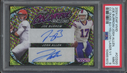 2024 Leaf Vivid Duos Yellow Laser #20 Joe Burrow Josh Allen 1/1 Auto Mint PSA 9