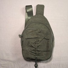 Unbranded Olive Green Nylon Sling Bag Crossbody Ruched Front Pocket Adjustable