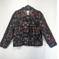 Chicos Black Embroidered Velvet Blazer Jacket Size 2 Colorful Floral Boho