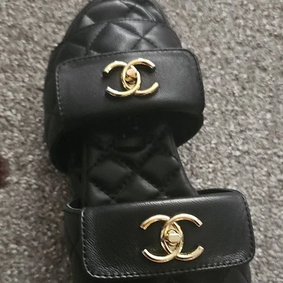 Women’s Black Quilted Slide Sandals Logo Accents Faux Leather Slip On 6 - Image 1 of 2