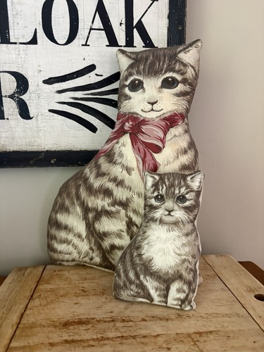 Vintage Stuffed Fabric Sitting Cat & Kitten - Handmade Pillow Printed Cloth