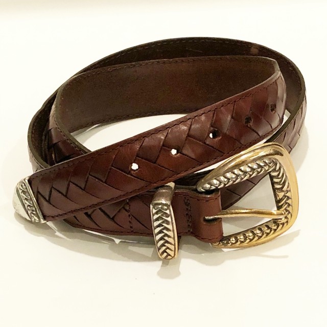 VTG Onyx by Brighton Mens Braided Leather Belt Drk Brown Silvertone