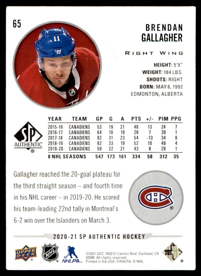 2020-21 SP Authentic Brendan Gallagher Montreal Canadiens #65 - Image 2 of 2