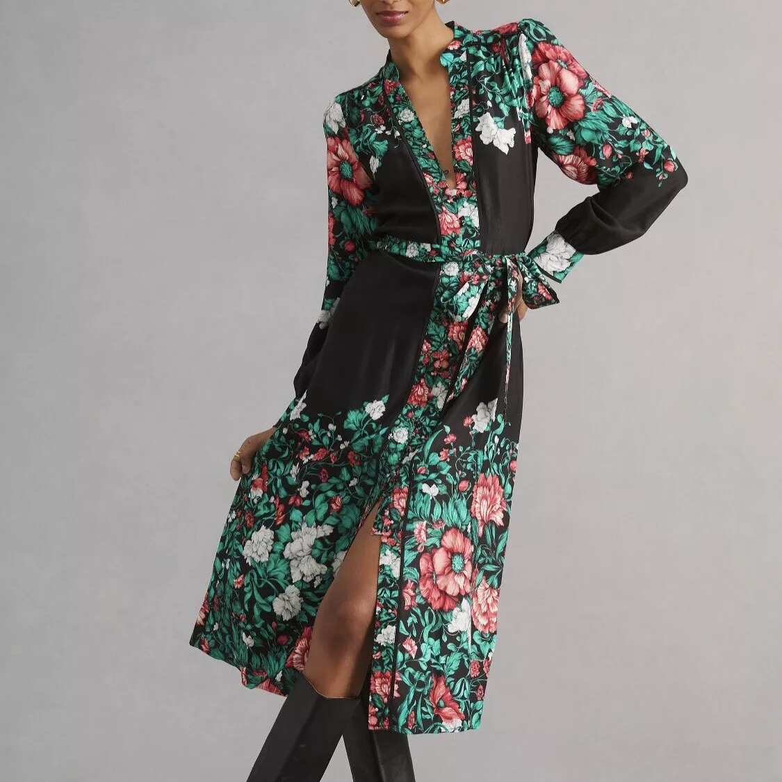 Anthropologie Black Red Floral Long Sleeves Midi Shirt Dress XXS