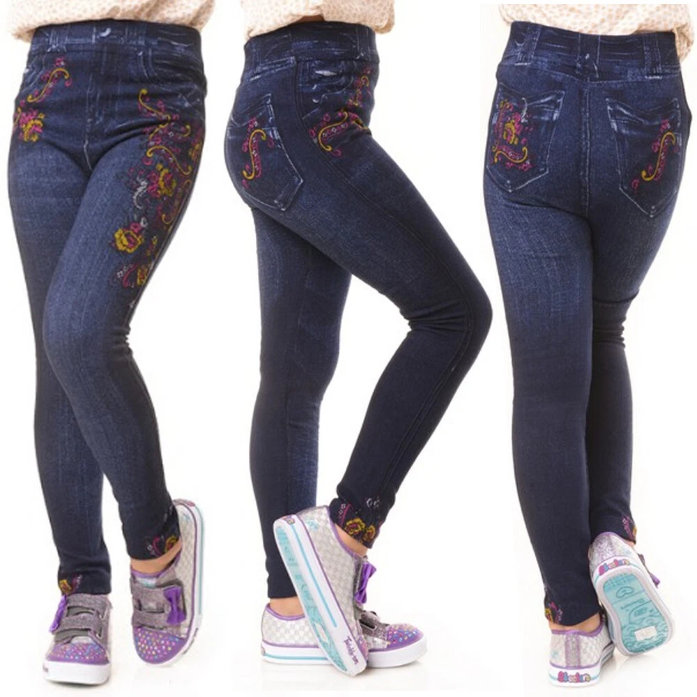 1 leggings décontractés en denim extensible pour enfants filles jeans  imprimé fl