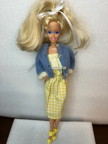 Mattel 90’s Barbie Doll In VTG Yellow Gingham Dress And  VTG Blue Sweater