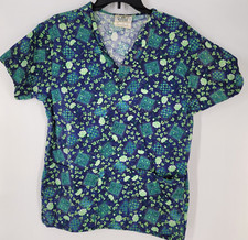 Crest Cottons Work Scrub Top V-Neck Shirt  Size XS  Blue Green Floral
