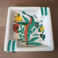 VINTAGE  GLAZED FLOWER CERAMIC SQUARE ASHTRAY 8"  HAND PAINTED ITALY MCM BOHO 