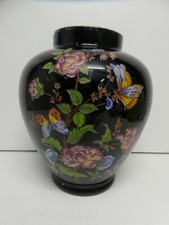 PAINTED FLORAL FLOWERS AND BUTTERFLY BLACK VASE ART GLASS
