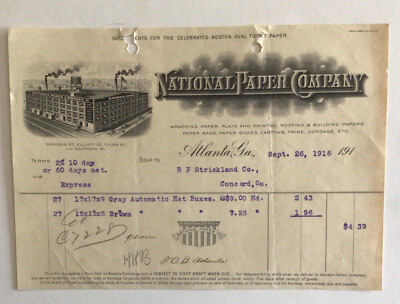 1916 Billhead Atlanta Georgia National Paper Company #b2