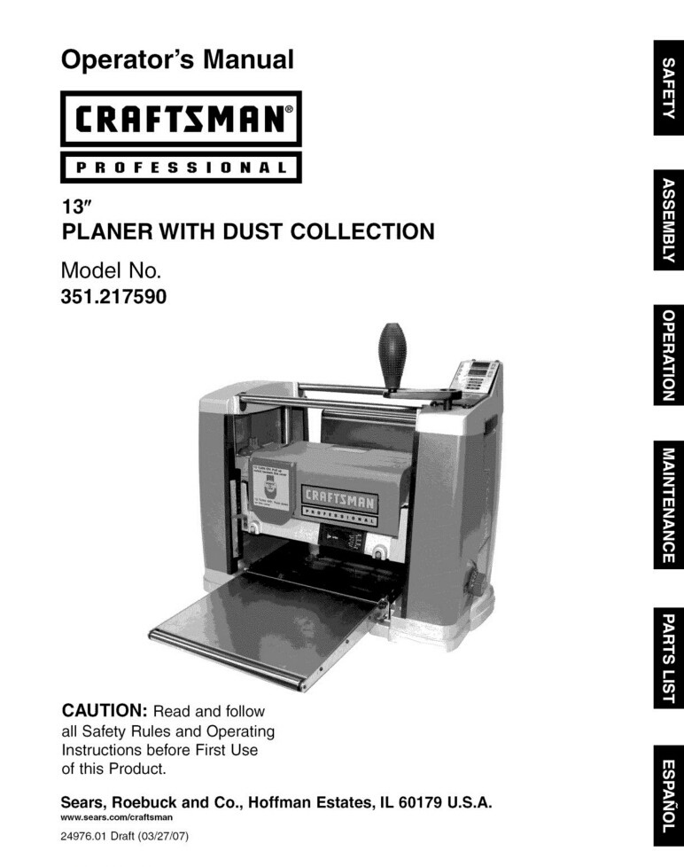 Craftsman 351.217590 Planer Owners Instruction Manual | eBay