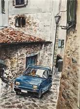 Watercolor Original Painting  Italian Car  11" x 15" NOT A PRINT