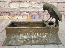 Bronze Bird on Basin Sculpture – Decorative Planter Flower Box with Relief