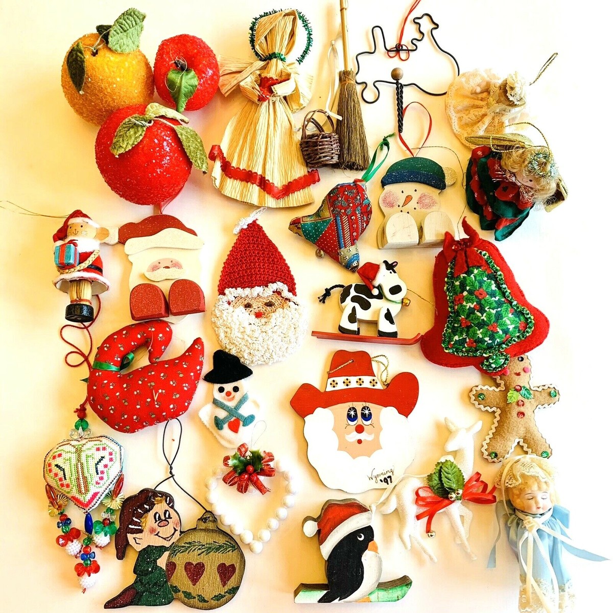 Vintage Christmas Ornaments Felt Wood Crochet Rustic Country