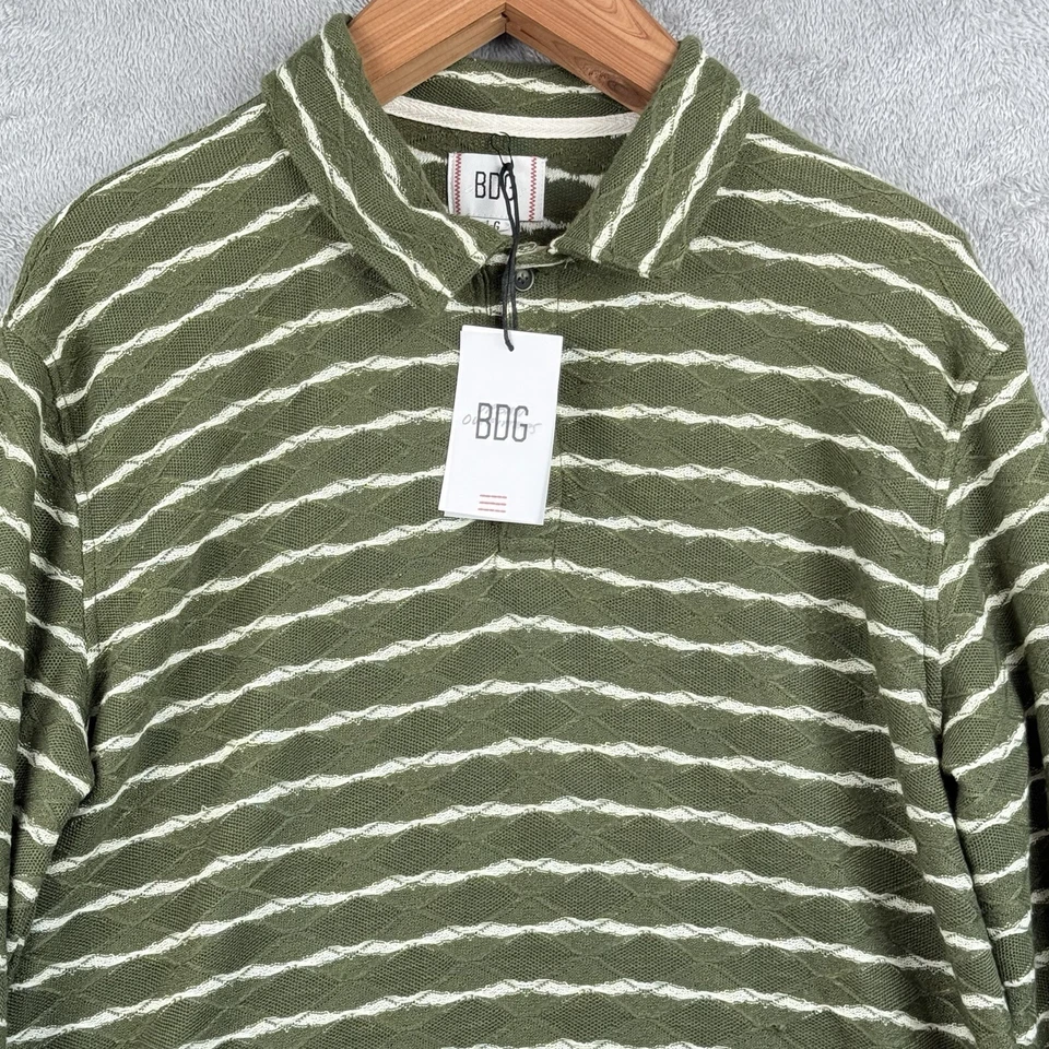 BDG Urban Outfitters L/S Collared Henley Shirt Mens Large Green w/ Stripes NWT - Image 3 of 4