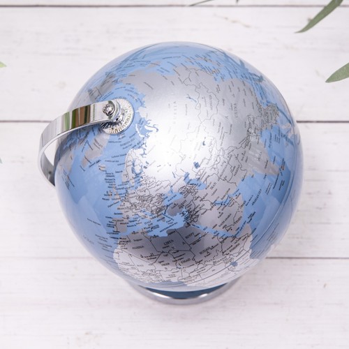 Silver & Blue Vintage Globe Metallic Metal Rotating World Atlas Desk Ornament - Picture 2 of 4