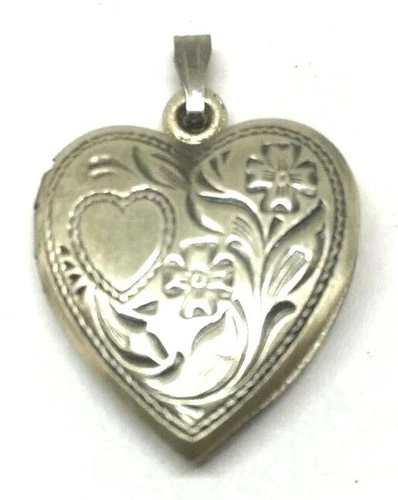 HEART LOCKET ENGRAVED W/ FLOWERS & HEARTS  STERLING SILVER .925 W/ Chain