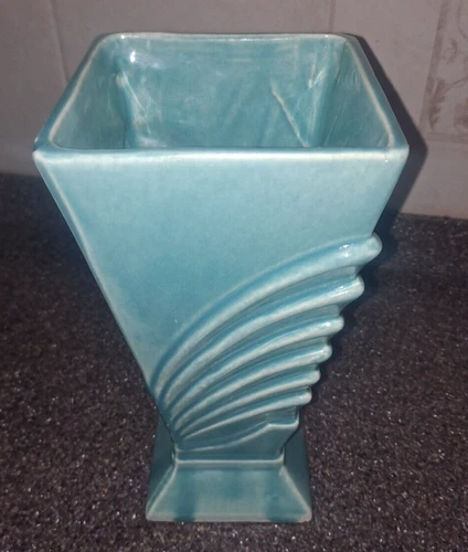 McCoy Pottery  1940's Turquoise Blue Art Deco Design Vase 9"
