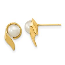Real 14kt Yellow Gold 5-6mm White Button Freshwater Cultured Pearl Post Earrings