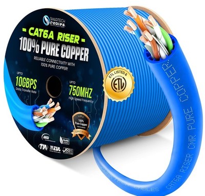 Cat6A Riser 1000ft Cable ETL Listed, Pure Copper CMR, 23AWG, 750MHz PoE++ 10Gbps