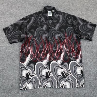 VTG Ocean Current Shirt Mens XL Black Camp Flames Snake Y2K Surf Punk 0453