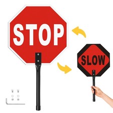 1 Pack 13x13 Inch Stop Slow Sign, Metal Handle, Reflective, Double Sided