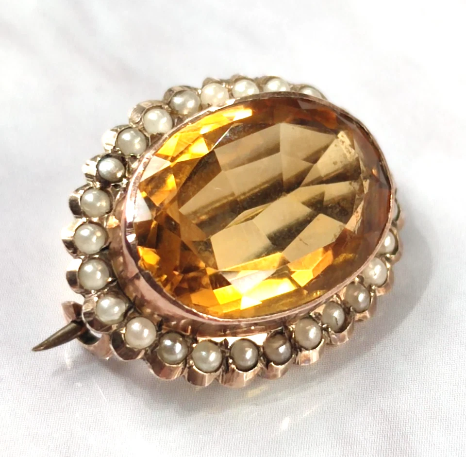 Broche de oro amarillo de 9 quilates piedras de perlas de citrino con sello tamaño 22 mm x 18 mm Foto 2 de 4