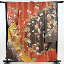 Japanese Furisode Silk Kimono M 159.5cm Orange Thread spool Cherry blossom 15013