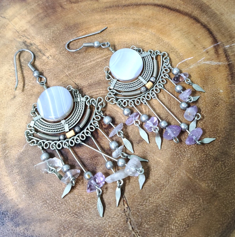 Southwestern Styl Filigree Blue Chalcedony  Wood Amethyst Tassel Dangle Earrings - Image 2 of 4
