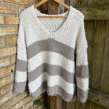 Altar’d State Striped EyeLash Fuzzy Knit Sweater Long sleeve V-Neck Size M/L