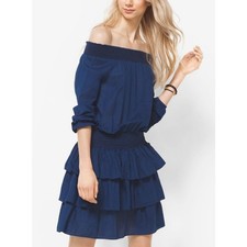NEW Michael Kors Off-the-Shoulder Dress Indigo Blue Chambray Smock Ruffle XS