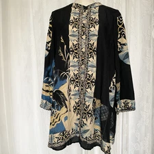 Citron Women's Silk Tunic Top 2X Black Asian Crane Button Up Hand Dyed Shirt